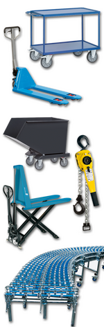 Transportgeräte, Hubwagen, Stapler, Muldenkipper, Hubtische, Verladeschienen, Rampen, Hebewerkzeuge, Räder und Rollen, Fördertechnik