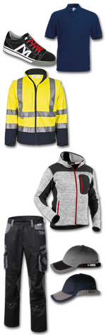 Arbeitskleidung, Arbeitshosen, Arbeitsjacken, Regenjacken, Einwegschutzanzug, Shirts, Schuhe, Kopfbedeckung