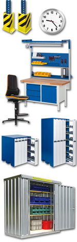 Betriebseinrichtung, Büromöbel, Werkbänke, Arbeitsplätze, Werkstattwagen, Arbeitsstühle, Materialcontainer, Magazinboxen
