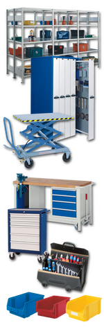 Werkbänke, Arbeitstische, Materialschränke, Werkstattwagen, Büromöbel, Markierungen, Materialcontainer, Regale, Hängeschränke, Regalkästen, Transportbehälter, Sortimentsboxen, Leitern, Waagen, Transportgeräte, Hubwagen, Stapler, Hebezeuge, Fördertechnik